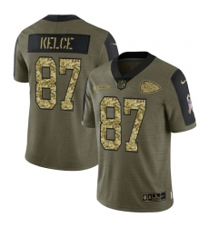 Men Kansas City Chiefs 87 Travis Kelce 2021 Salute To Service Olive Camo Limited