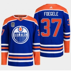 Men Edmonton Oilers 37 Warren Foegele Royal 2024 Stanley Cup Final Patch Stitched Jersey