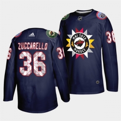 Men Minnesota Wild 36 Mats Zuccarello 2021 22 Navy Native American Heritage Day Stitched Jersey